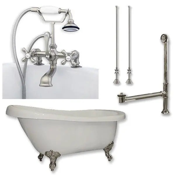 Cambridge Plumbing AST61-463D-2-PKG Acrylic Slipper Bathtub 61" X 28" with 7" Deck Mount Faucet Drillings and Complete Plumbing Package