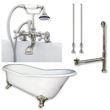 Cambridge Plumbing Cast Iron Slipper Clawfoot Tub 61" X 30" with 7" Deck Mount Faucet Drillings and Complete Plumbing Package