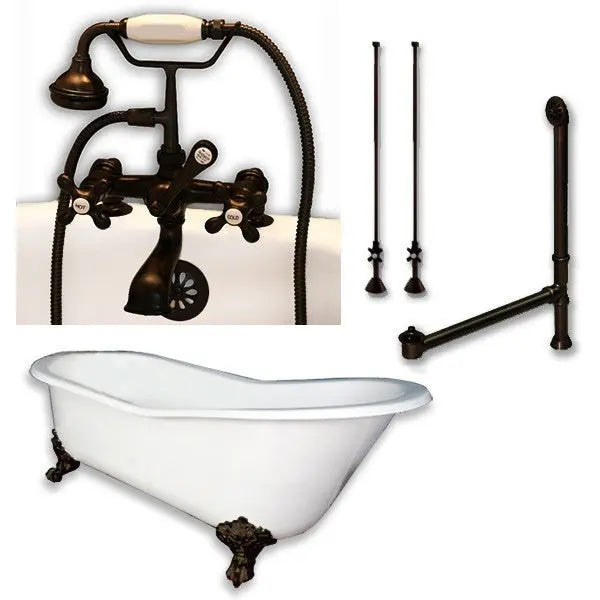 Cambridge Plumbing Cast Iron Slipper Clawfoot Tub 61" X 30" with 7" Deck Mount Faucet Drillings and Complete Plumbing Package
