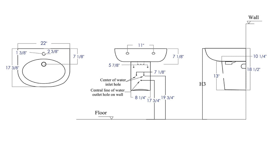 EAGO BD379 White Ceramic 22" Wall Mounted Semi Pedestal Bathroom Sink