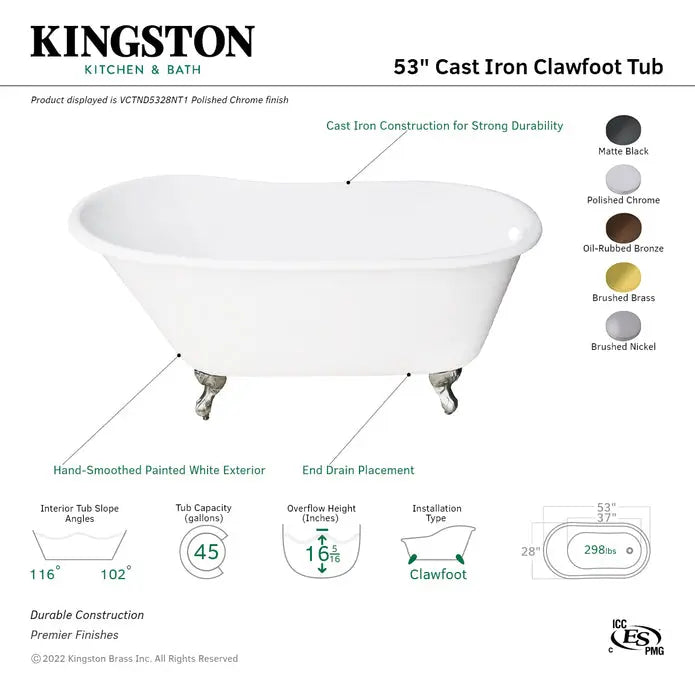 Kingston Brass Aqua Eden 53" Cast Iron Slipper Clawfoot Tub