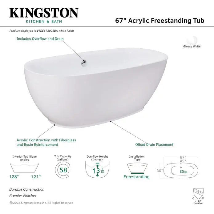 Kingston Brass Aqua Eden VTDE673023BA 67-Inch Acrylic Double Ended Freestanding Tub with Drain, Glossy White Kingston Brass