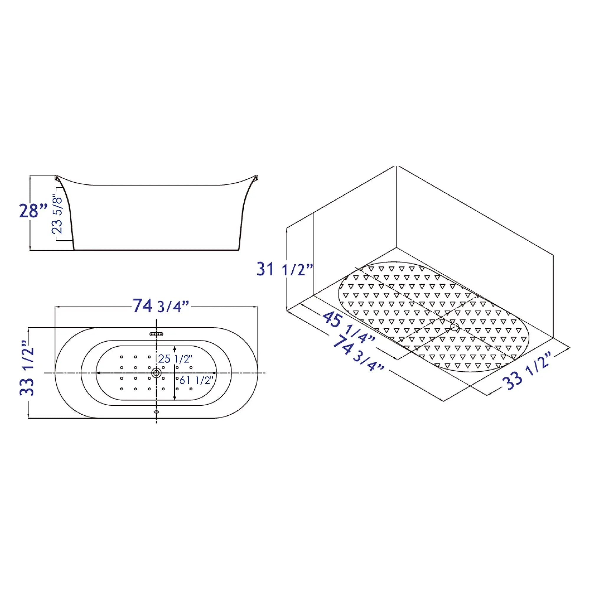 EAGO AM1900 74 3/4" White Freestanding Air Bubble Bathtub Alfi Trade Inc