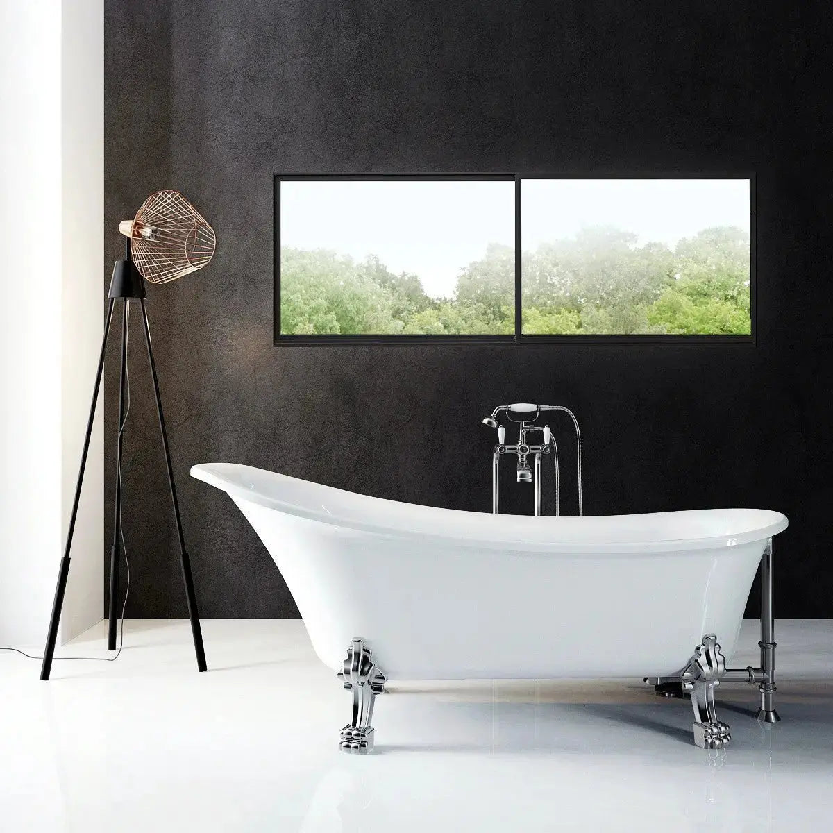 A & E Bath and Shower Dorya Acrylic 69" All-in-One Clawfoot Tub Kit Freestanding Clawfoot Bathtubs Tub Front View in Bathroom