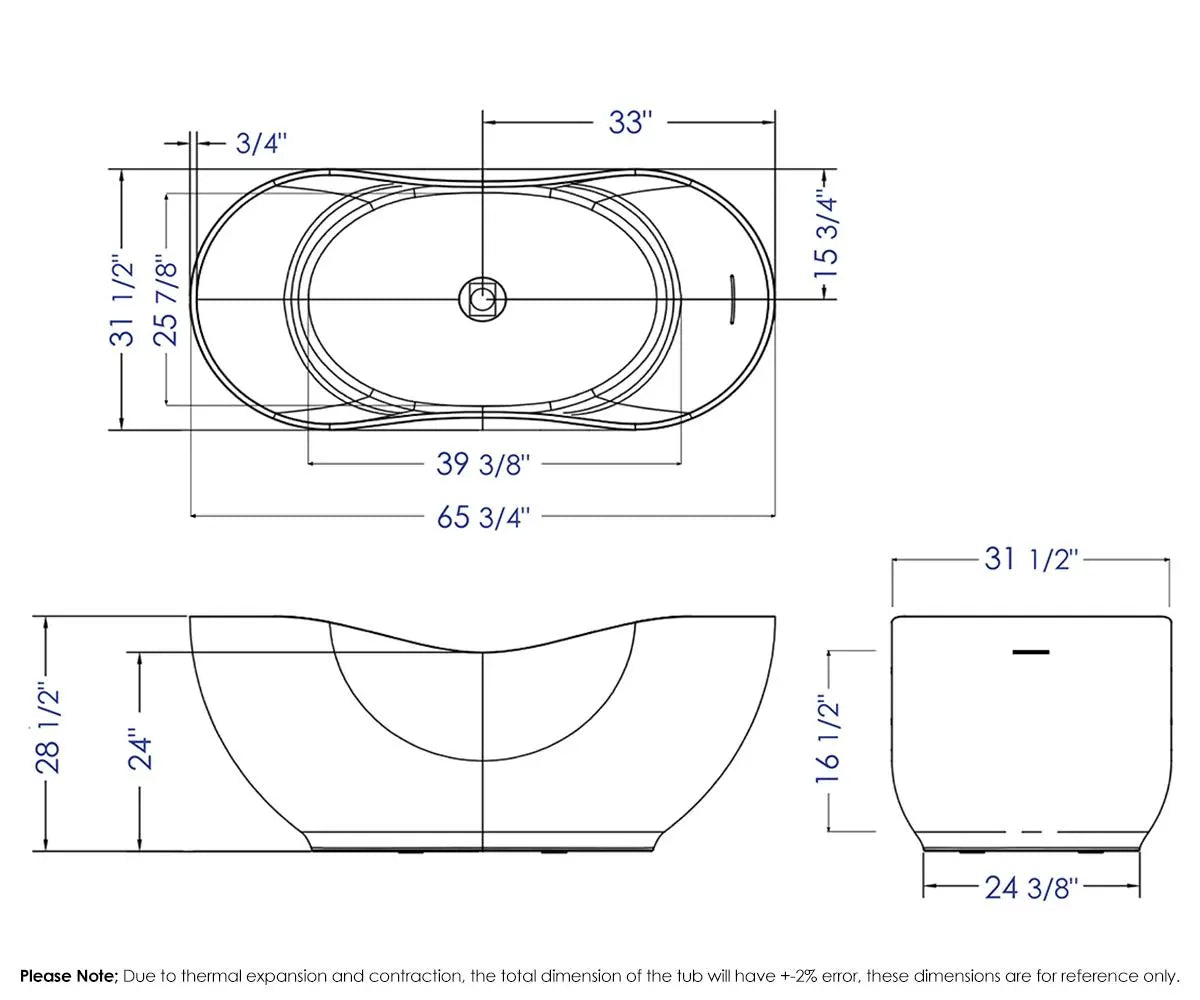ALFI Brand AB9949 66" Matte White Oval Solid Surface Tub with Matte White Center Drain