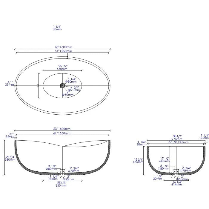 ALFI brand ABCO63TUB 63" Solid Concrete Gray Matte Oval Bathtub Alfi Trade Inc