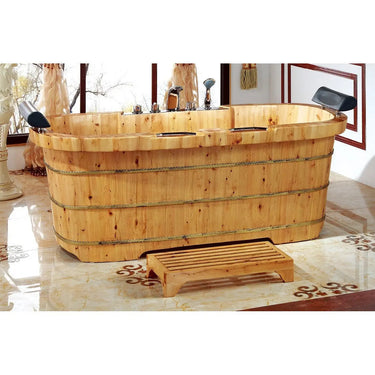 ALFI Brand AB1130 65" 2 Person Free Standing Cedar Wooden Bathtub with Fixtures & Headrests - side view