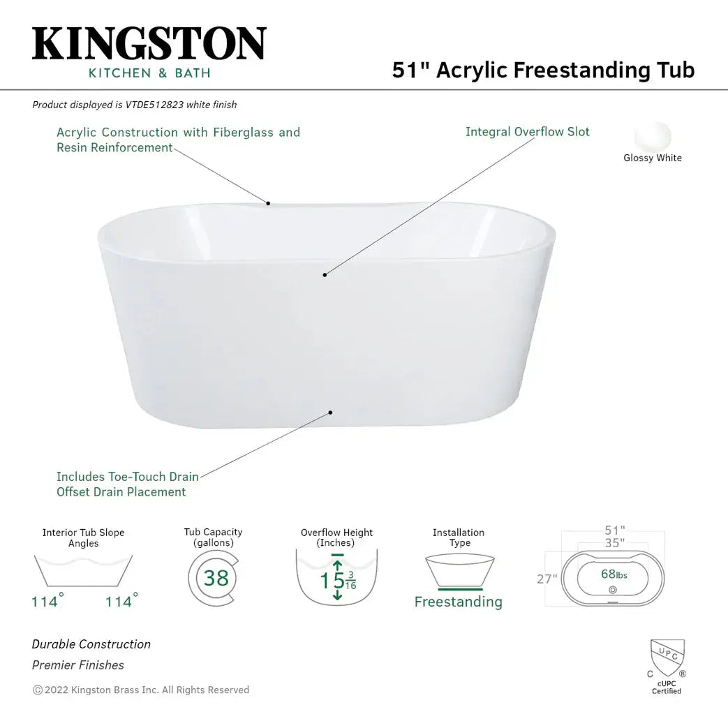 Aqua Eden 51-Inch Acrylic Freestanding Tub with Drain, Glossy White - VTDE512823 Kingston Brass