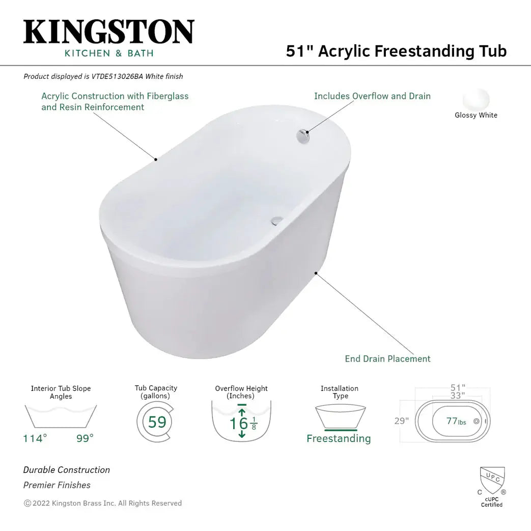 Aqua Eden 51-Inch Acrylic Freestanding Tub with Drain, Glossy White - VTDE513026BA Kingston Brass