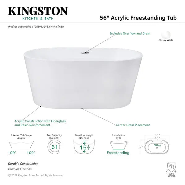 Aqua Eden 56-Inch Acrylic Freestanding Tub with Drain, Glossy White - VTDE563224BA Kingston Brass