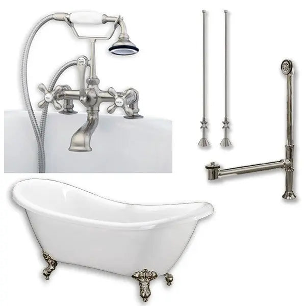 Cambridge Plumbing ADES-463D-2-PKG-BN-7DH Acrylic Double Ended Clawfoot Tub 68" X 28" no Faucet Drillings - Complete Brushed Nickel Plumbing Package
