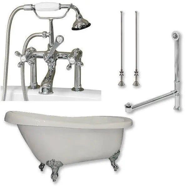 Cambridge Plumbing AST67-463D-6-PKG Acrylic Slipper Bathtub 67" X 28" with 7" Deck Mount Faucet Drillings and Complete Plumbing Package