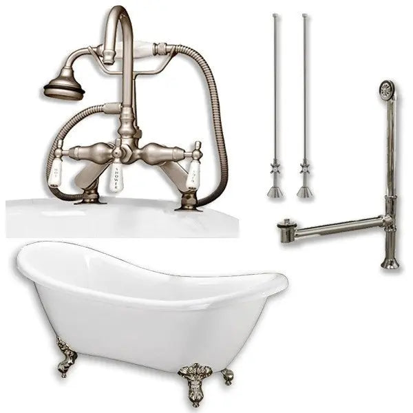 Cambridge Plumbing Acrylic Double Ended Clawfoot Bathtub 68" X 28" with no Faucet Drillings and Complete Brushed Nickel Plumbing Package