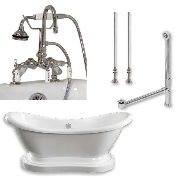 Cambridge Plumbing Acrylic Double Ended Pedestal Slipper Bathtub 68" X 28" with 7" Deck Mount Faucet Drillings and Complete Plumbing Package