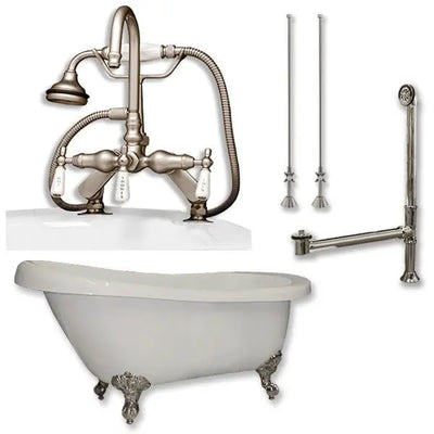 Cambridge Plumbing Acrylic Slipper Bathtub 61" X 28" with 7" Deck Mount Faucet Drillings and Complete Plumbing Package