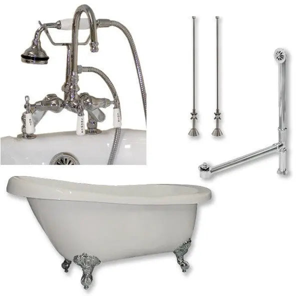 Cambridge Plumbing Acrylic Slipper Bathtub 61" X 28" with 7" Deck Mount Faucet Drillings and Complete Plumbing Package