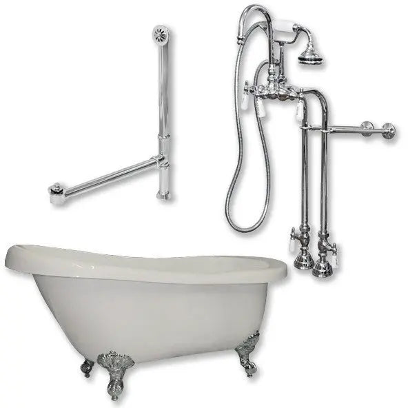 Cambridge Plumbing Acrylic Slipper Bathtub 61" X 28" with No Faucet Drillings and Complete Polished Chrome Plumbing Package