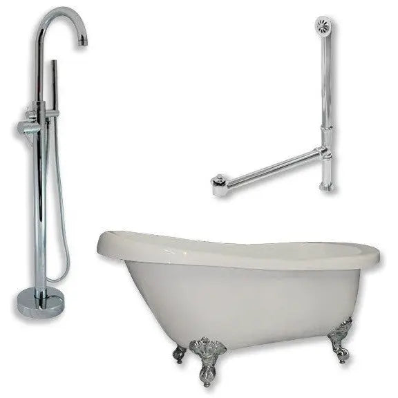 Cambridge Plumbing Acrylic Slipper Bathtub 67" X 28" with no Faucet Drillings and complete Polished Chrome Plumbing Package