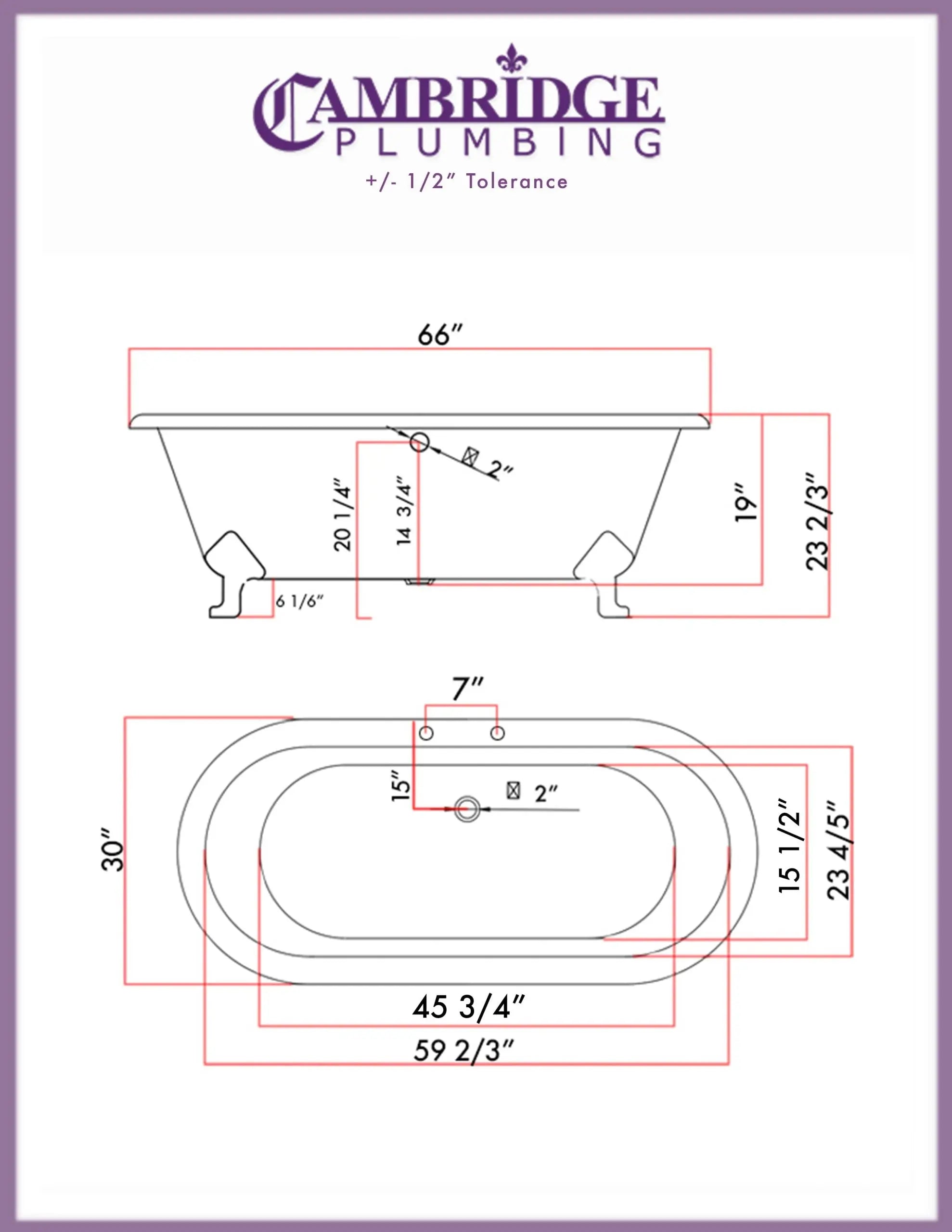 Cambridge Plumbing Cast Iron Double Ended Clawfoot Tub 67" X 30" Cambridge Plumbing