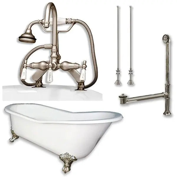 Cambridge Plumbing Cast Iron Slipper Clawfoot Tub 61" X 30" with 7" Faucet Drillings and English Telephone Style Faucet Complete Plumbing Package