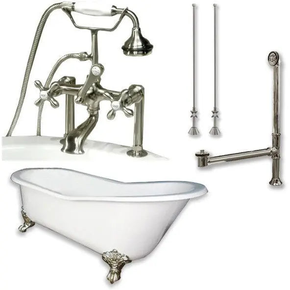 Cambridge Plumbing Cast Iron Slipper Clawfoot Tub 67" by 30" with 7" Deck Mount Faucet Drillings and Faucet Great Plumbing Package Deck Mount Risers