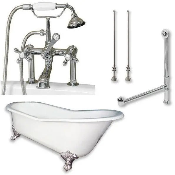 Cambridge Plumbing Cast Iron Slipper Clawfoot Tub 67" by 30" with 7" Deck Mount Faucet Drillings and Faucet Great Plumbing Package Deck Mount Risers