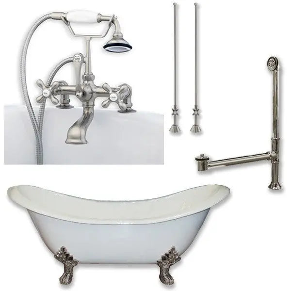 Cambridge Plumbing DES-463D-2-PKG Cast Iron Double Ended Slipper Tub 71" X 30" with 7" Deck Mount Faucet Drillings and Complete Plumbing Package