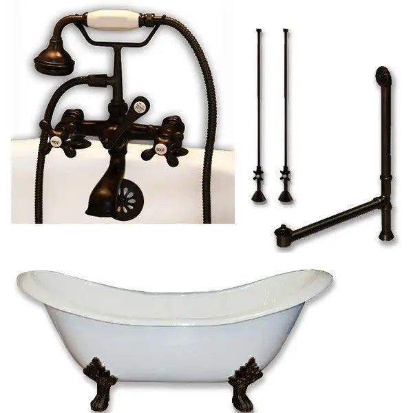 Cambridge Plumbing DES-463D-2-PKG Cast Iron Double Ended Slipper Tub 71" X 30" with 7" Deck Mount Faucet Drillings and Complete Plumbing Package