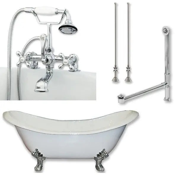 Cambridge Plumbing DES-463D-2-PKG Cast Iron Double Ended Slipper Tub 71" X 30" with 7" Deck Mount Faucet Drillings and Complete Plumbing Package