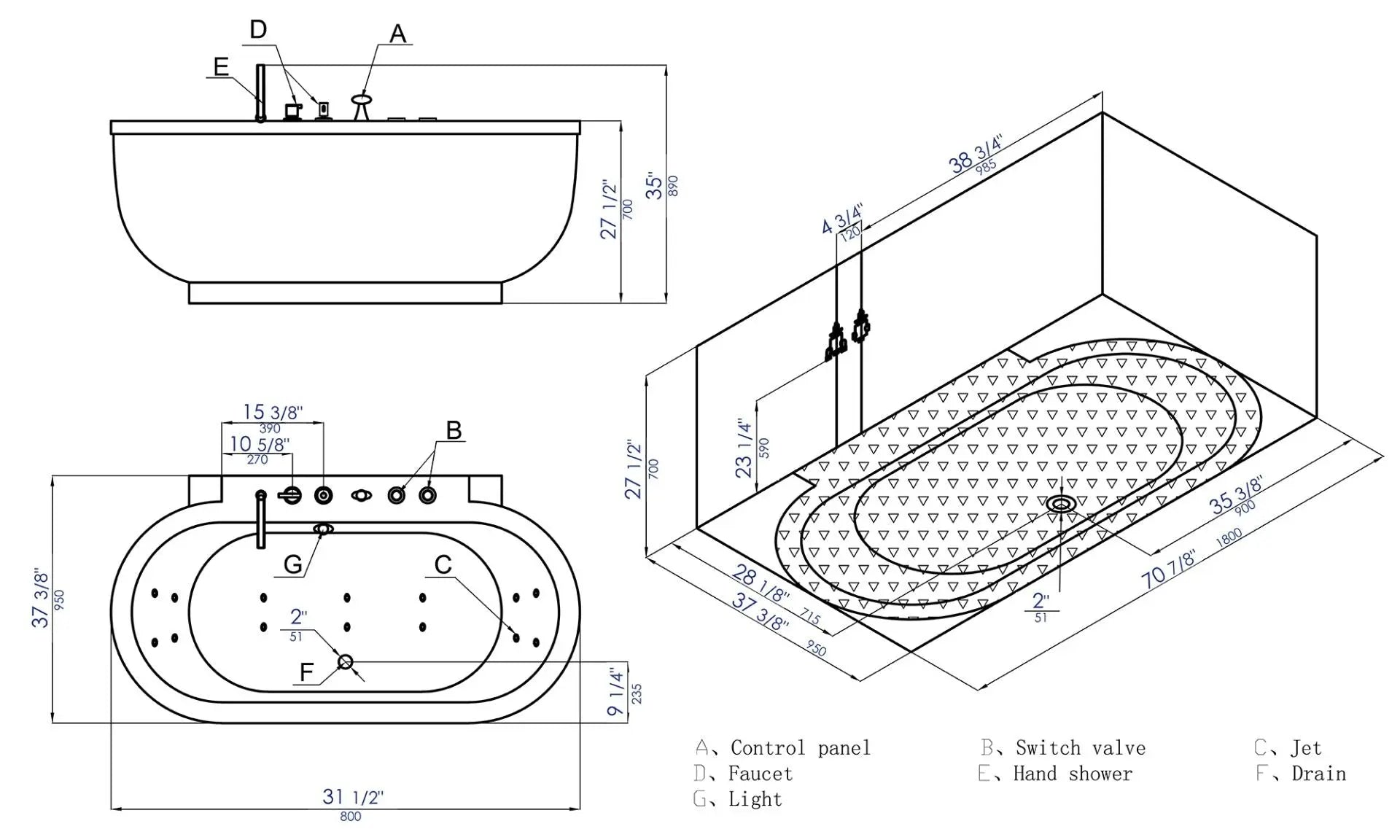 EAGO AM128ETL 6 ft Acrylic White Whirlpool Bathtub With Fixtures Alfi Trade Inc