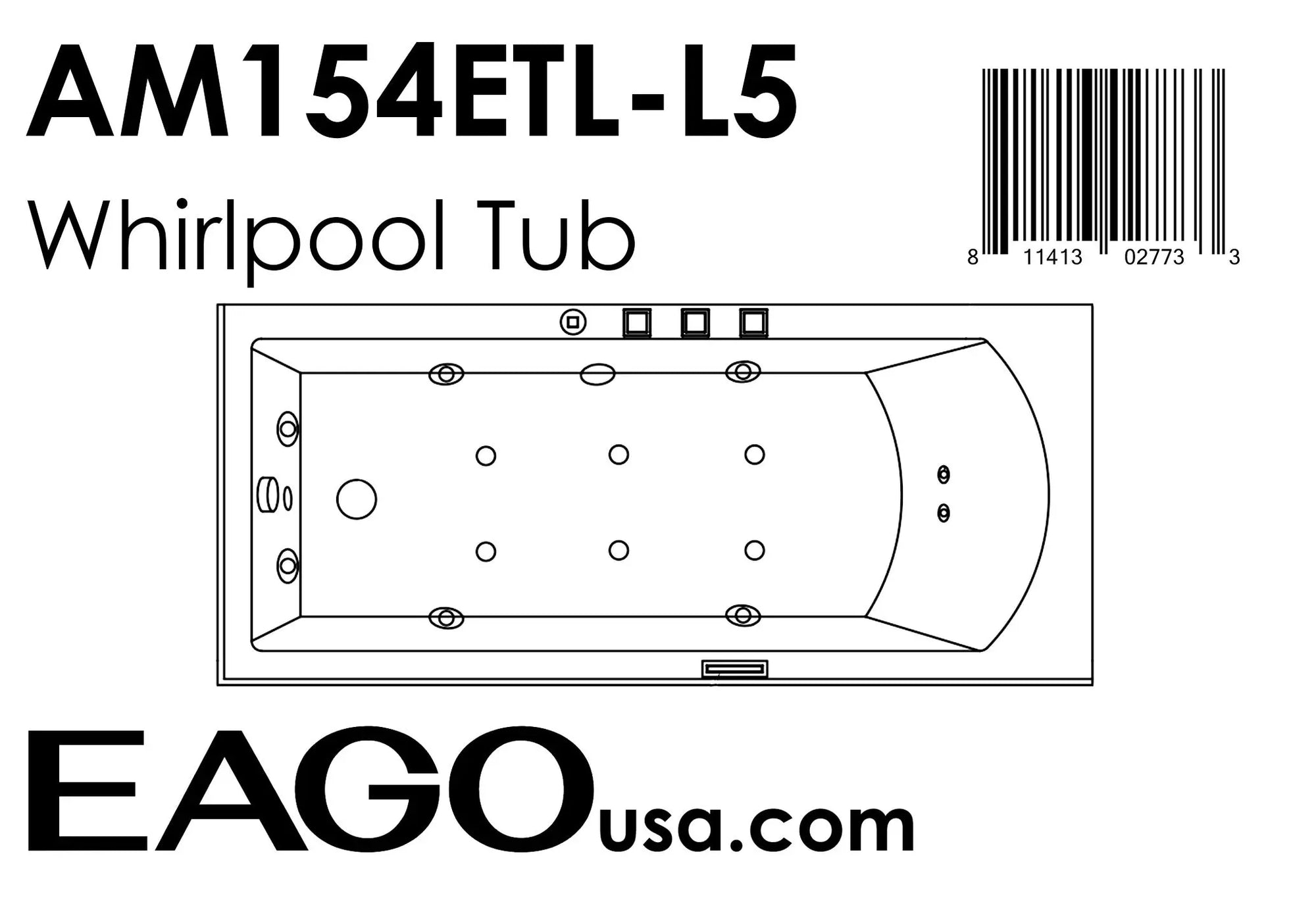 EAGO AM154ETL-L5 5 ft Acrylic White Rectangular Whirlpool Bathtub w Fixtures Alfi Trade Inc