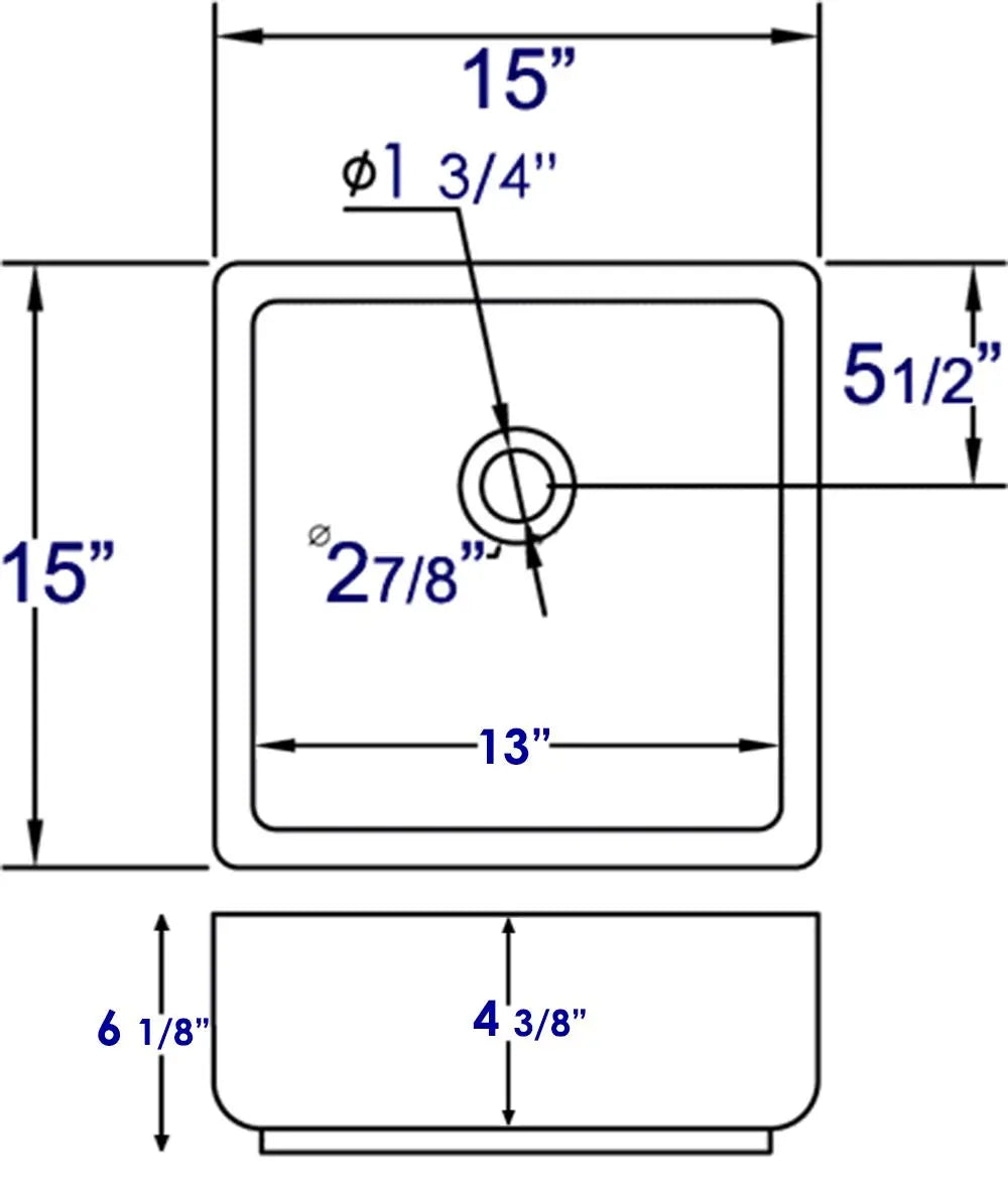 EAGO BA130 15'' White Modern Square Porcelain Bathroom Sink With Overflow