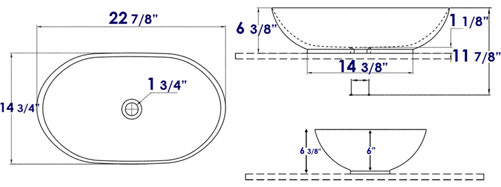 EAGO BA352 23'' White Oval Porcelain Bathroom Sink Basin Without Overflow