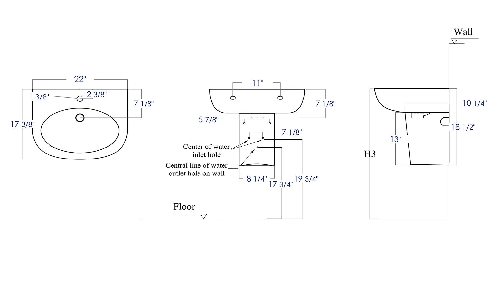 EAGO BD379 White Ceramic 22" Wall Mounted Semi Pedestal Bathroom Sink