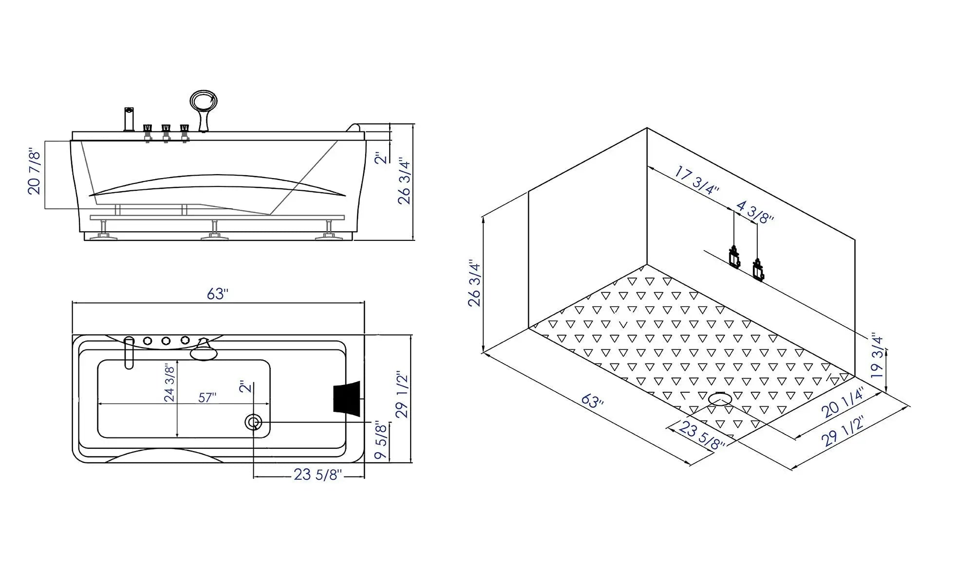 EAGO LK1102-L White Acrylic 63" Soaking Tub with Fixtures