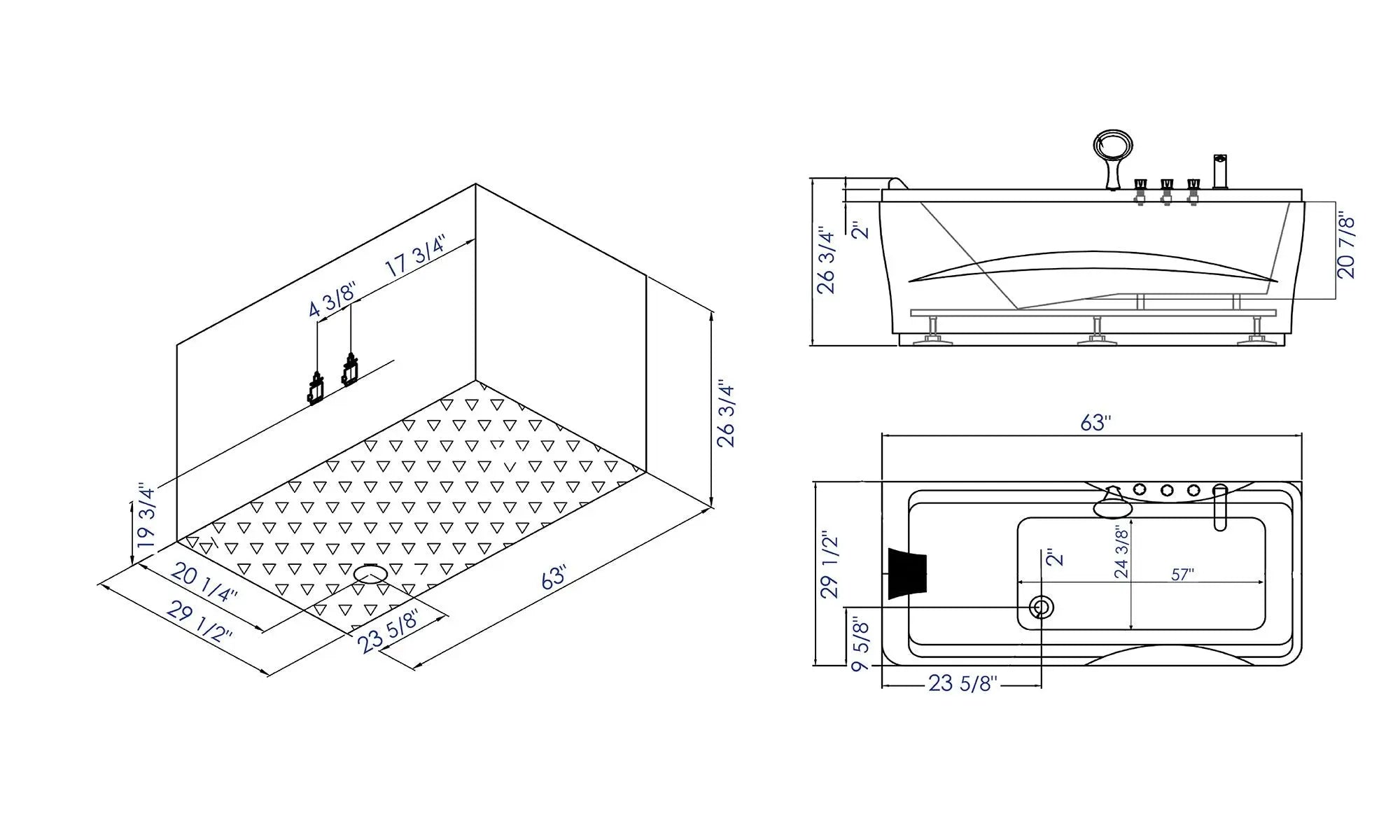 EAGO LK1102-R White Acrylic 63" Soaking Tub with Fixtures