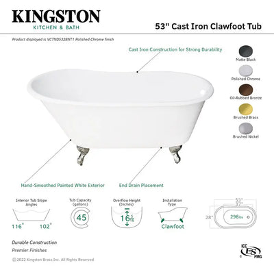 Kingston Brass Aqua Eden 53" Cast Iron Slipper Clawfoot Bathtub - VCTND5328NT