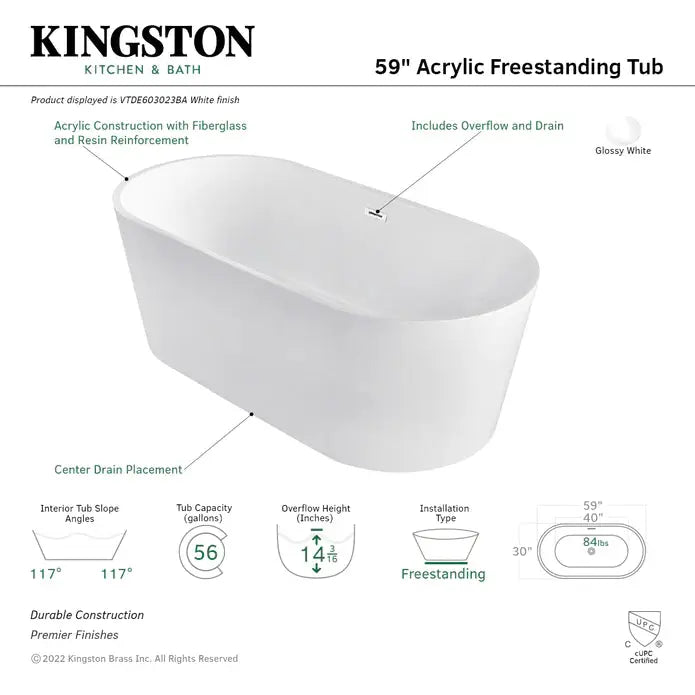 Kingston Brass - Aqua Eden 59-Inch Acrylic Double Ended Freestanding Tub - VTDE603023BA Kingston Brass