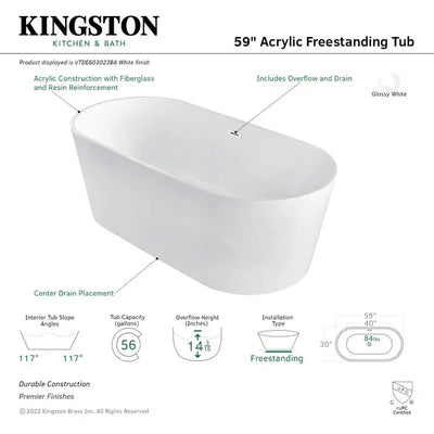 Kingston Brass - Aqua Eden 59-Inch Acrylic Double Ended Freestanding Tub - VTDE603023BA Kingston Brass
