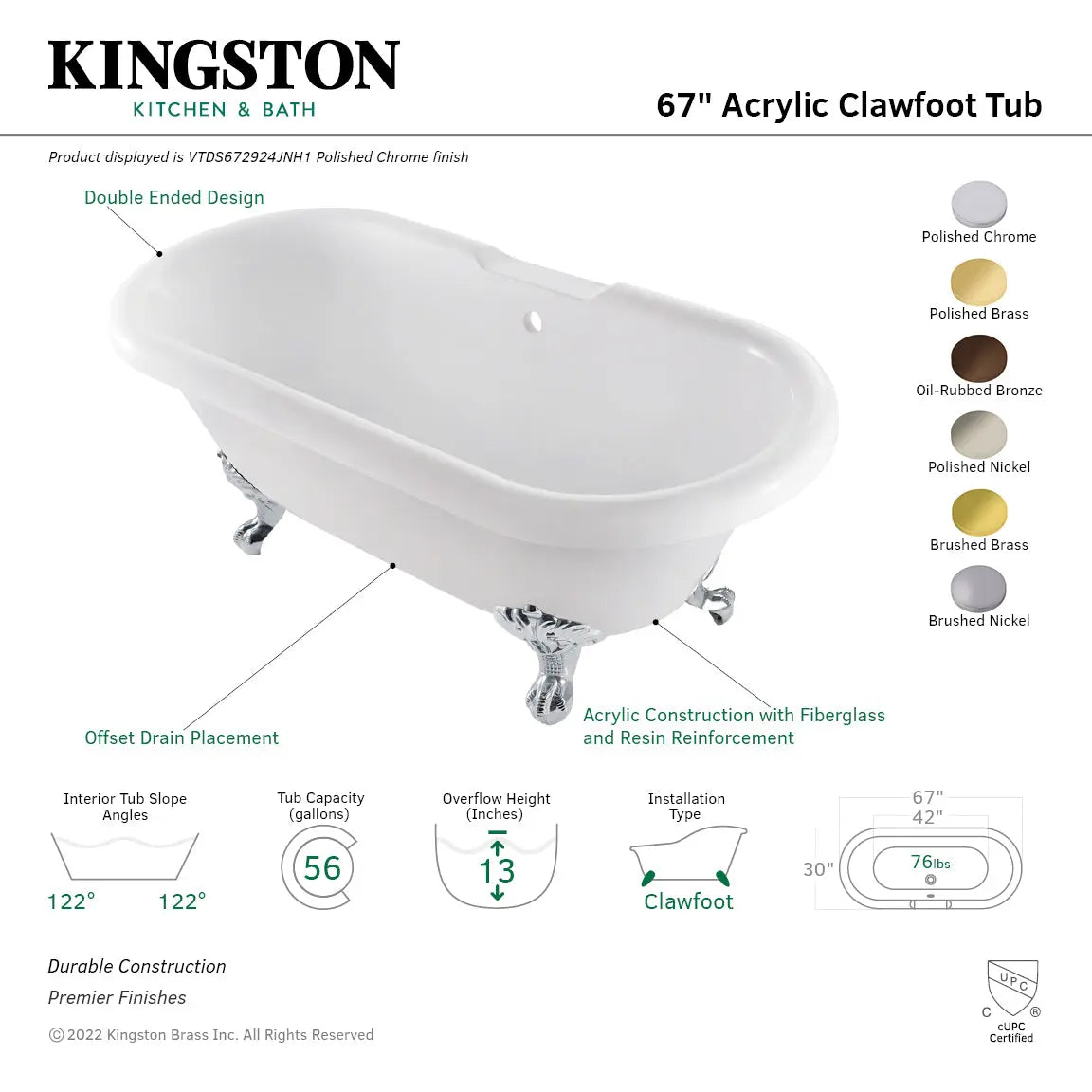 Kingston Brass - Aqua Eden 67" Acrylic Double Ended Clawfoot Tub - VTDS672924JNH Kingston Brass