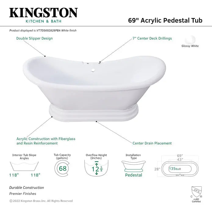 Kingston Brass Aqua Eden 69" Contemporary Pedestal Double Slipper Acrylic Freestanding Bathtub with 7" Deck Drillings, White - VT7DS692828P Kingston Brass