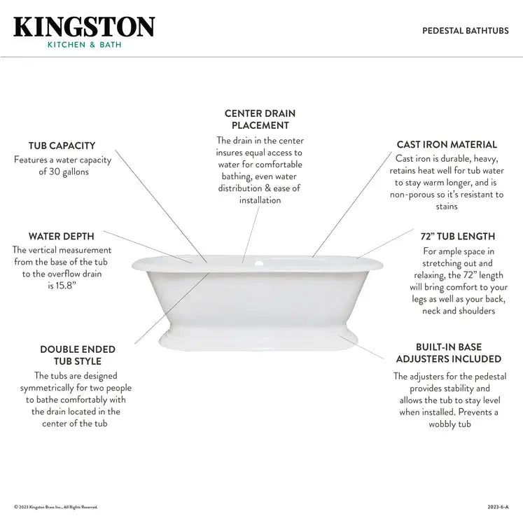 Kingston Brass Aqua Eden 72" Cast Iron Double Ended Freestanding Pedestal Tub Kingston Brass