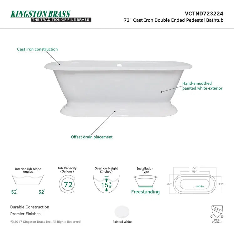 Kingston Brass Aqua Eden 72" Cast Iron Double Ended Freestanding Pedestal Tub Kingston Brass