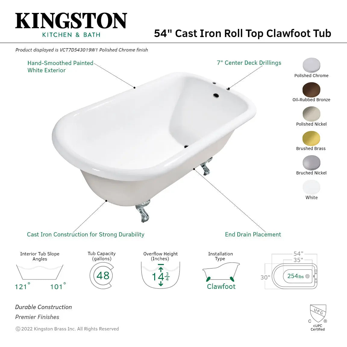 Kingston Brass Aqua Eden VCTND483117W 48-Inch Cast Iron Roll Top Clawfoot Tub Kingston Brass