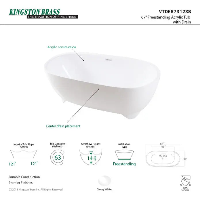 Kingston Brass Aqua Eden VTDE673123S 67-Inch Acrylic Double Ended Freestanding Tub with Drain Kingston Brass