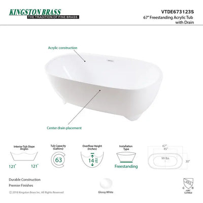 Kingston Brass Aqua Eden VTDE673123S 67-Inch Acrylic Double Ended Freestanding Tub with Drain Kingston Brass