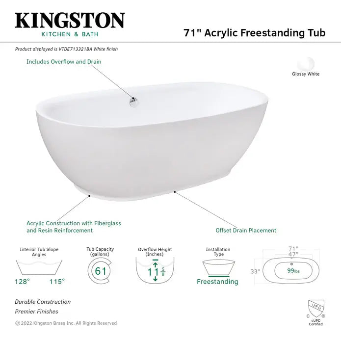 Kingston Brass Aqua Eden VTDE713321BA 71-Inch Acrylic Double Ended Freestanding Tub with Drain, Glossy White Kingston Brass