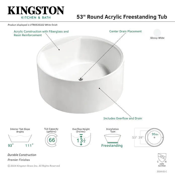 Kingston Brass Aqua Eden VTRO535322 53" Round Acrylic Freestanding Tub with Drain Kingston Brass