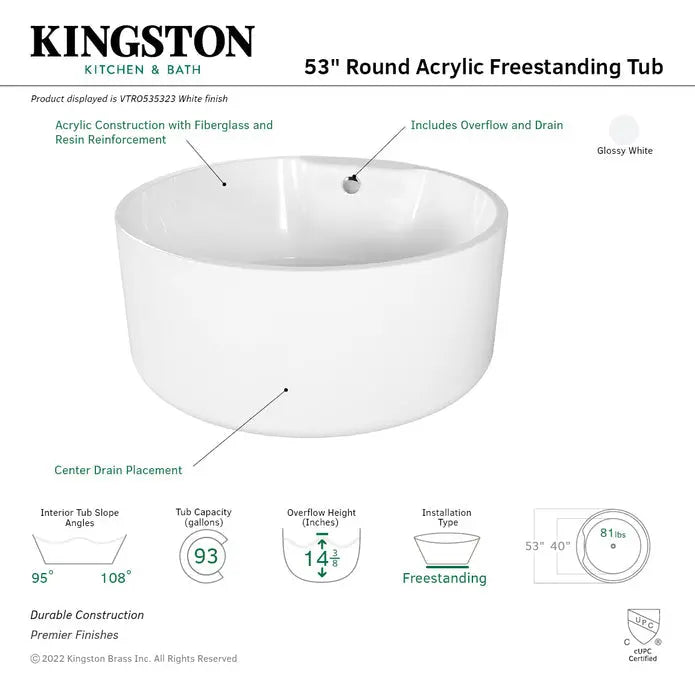 Kingston Brass Aqua Eden VTRO535323 53" Round Acrylic Freestanding Tub with Drain, Glossy White Kingston Brass