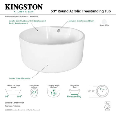 Kingston Brass Aqua Eden VTRO535323 53" Round Acrylic Freestanding Tub with Drain, Glossy White Kingston Brass